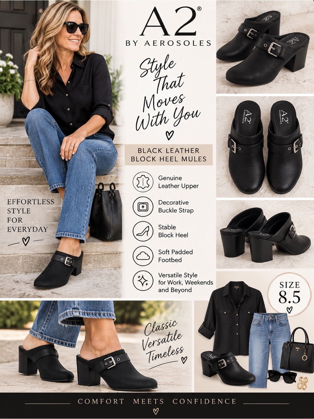 A2 By Aerosoles Black Leather Slip-On Buckle Block Heel Mules